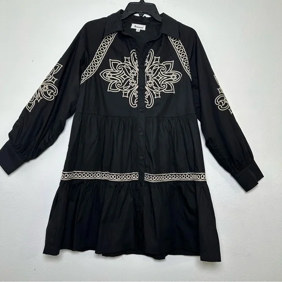 Elegant Button Down Black and Cream Embroidered Long Puff Sleeve Mini Dress - Picture 4 of 16